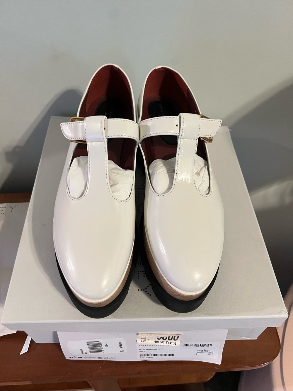 Stella McCartney White Platform Elyse with Wood-Tone Heel 9.5